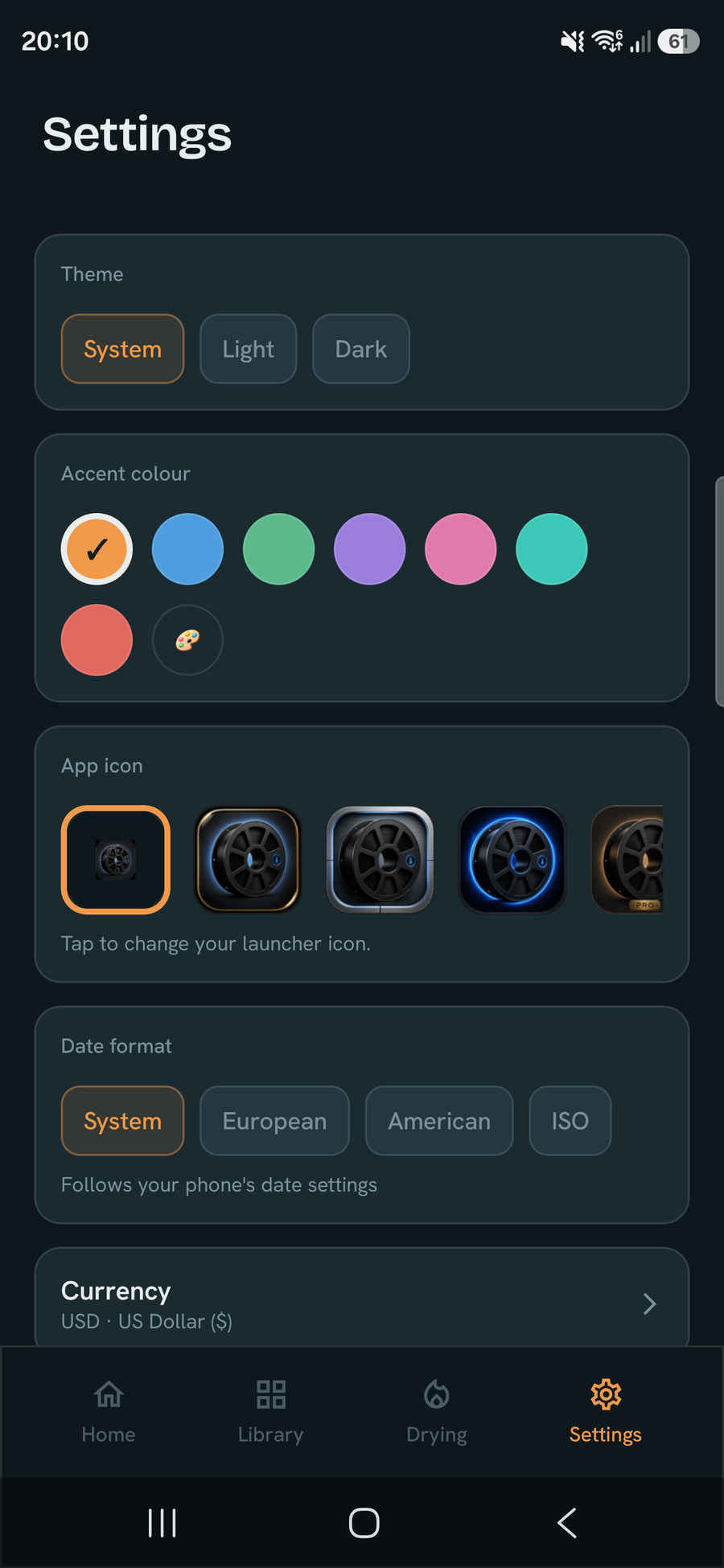 Display settings: theme, accent colours, alternate app icons, date format and a currency picker