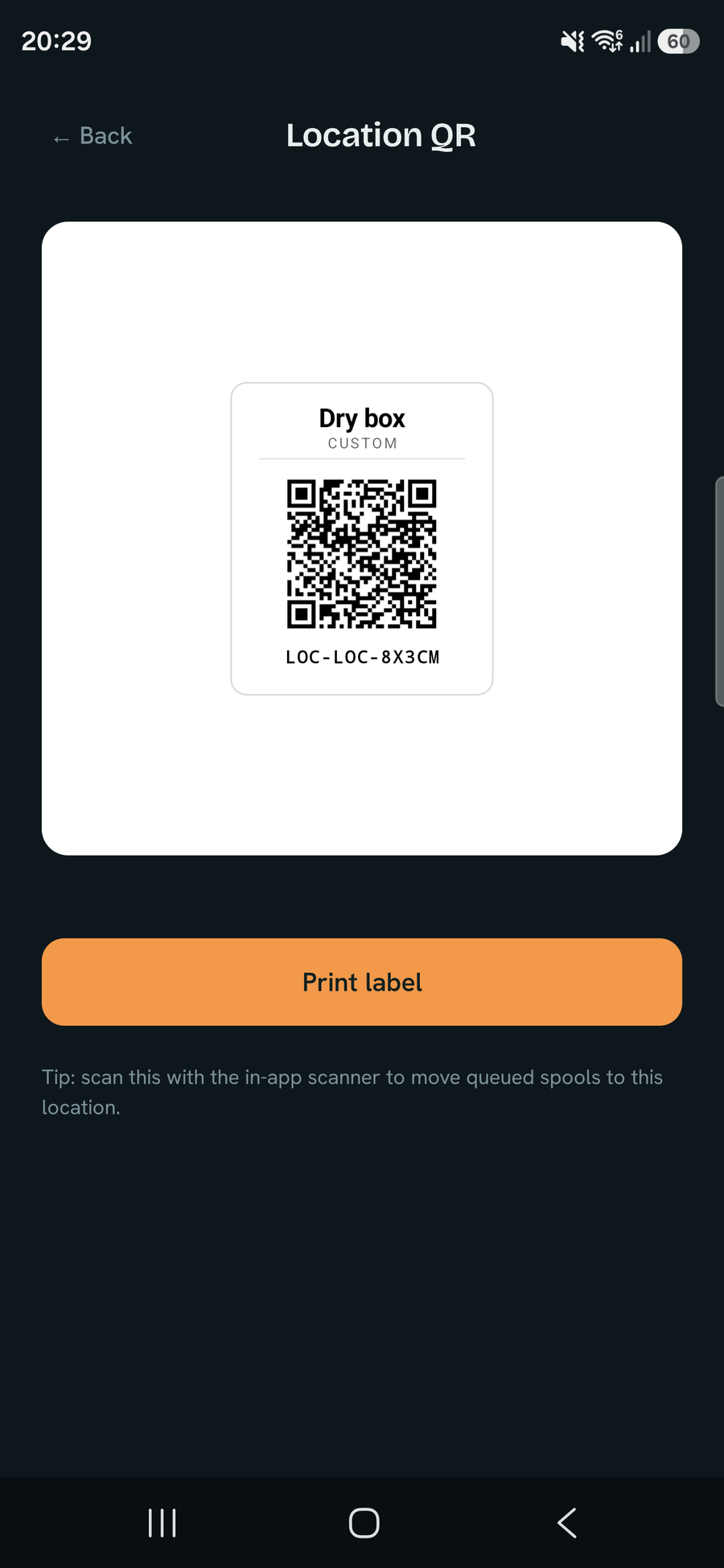 A printable QR label for a storage location, with its name and code