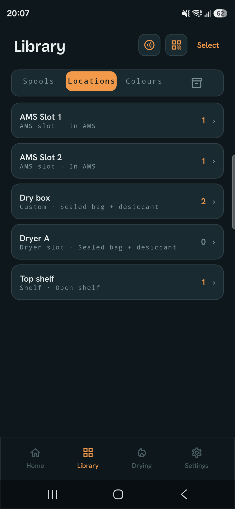 Library browsed by location: AMS slots, dry box, dryer and shelf, each with a spool count