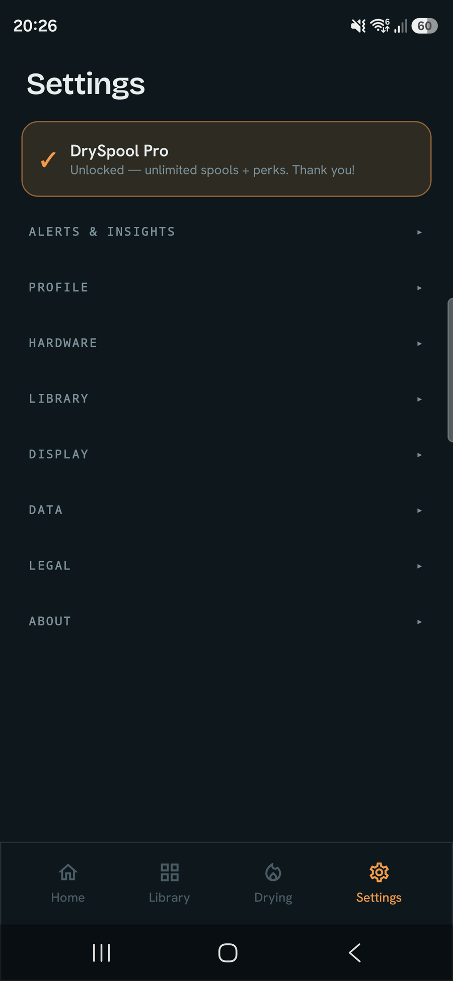 Settings: manage materials, set ambient humidity, theme and date format