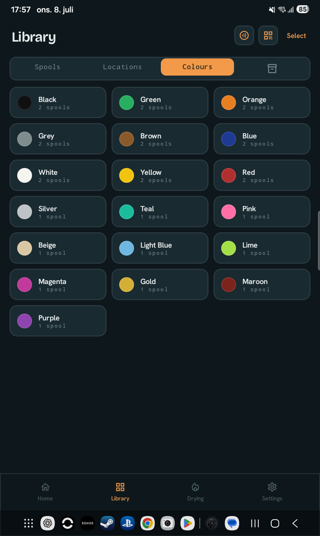 Browse by colour on a tablet, three colour-family tiles per row