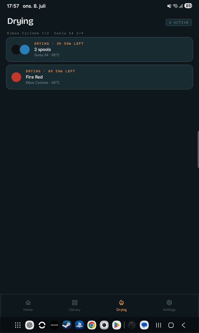 Drying tab on a tablet listing active sessions