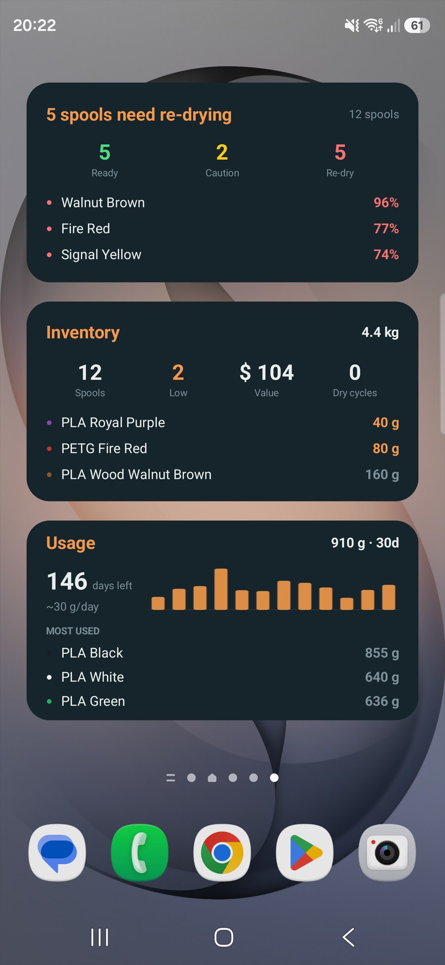 Three home-screen widgets: a moisture summary, an inventory widget, and a usage widget showing days of filament left